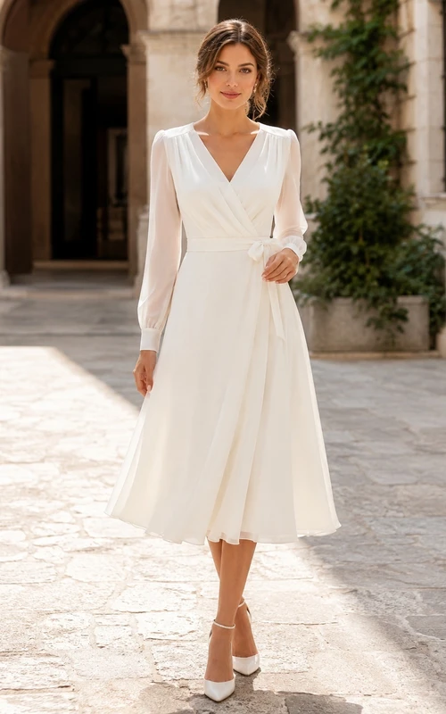 Ziviles, schlichtes Chiffon-Hochzeitskleid mit V-Ausschnitt, langen Ärmeln, A-Linie und Teelänge