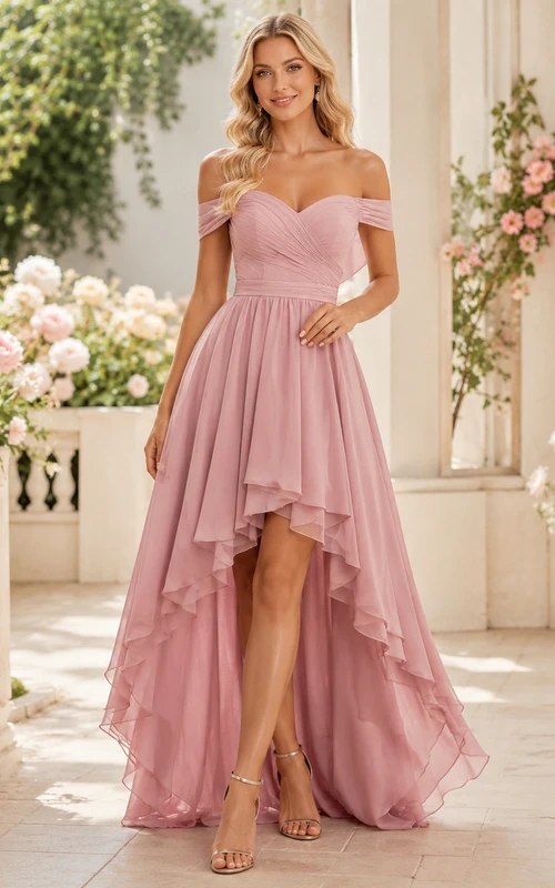 Altrosafarbenes, schulterfreies Chiffon-A-Linien-Abendkleid mit asymmetrischem Saum – romantisch für den Garten