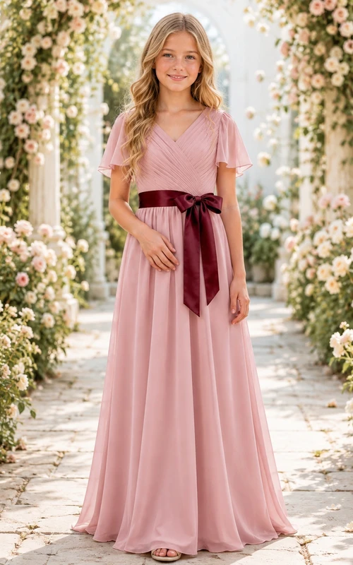 Elegantes, zartrosa Brautjungfernkleid in A-Linie mit V-Ausschnitt, kurzen Blütenblattärmeln und Schärpe/Band