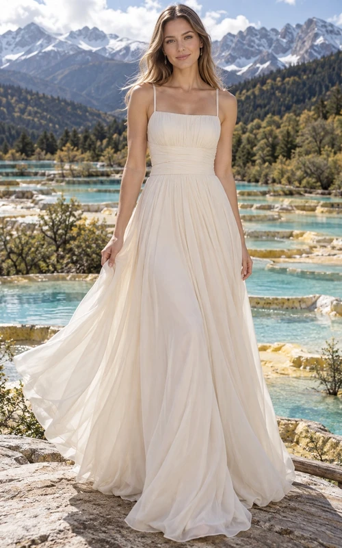 Vestido de novia sencillo de gasa color champán con escote cuadrado y tirantes finos