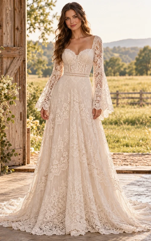 Boho Long Bell Sleeve Sweetheart Lace A-Line Train Wedding Dress