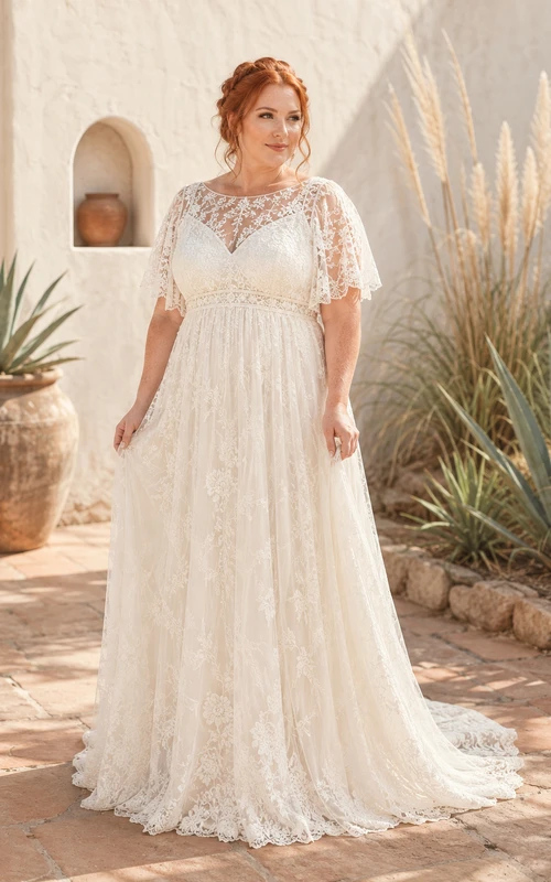 Plus Size Ivory Cap Sleeve Lace A-Line Wedding Dress Chapel Train