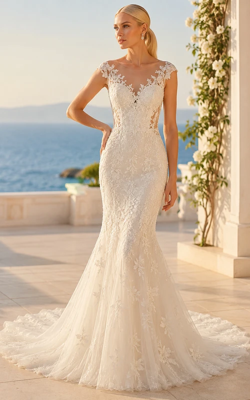 Vestido de novia de sirena color marfil con escote ilusión de encaje y espalda baja.