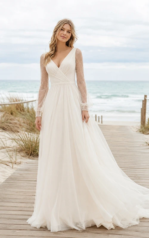 Boho Wrap V Neck Long Illusion Lace Sleeve Tulle A-Line Sweep Beach Wedding Gown