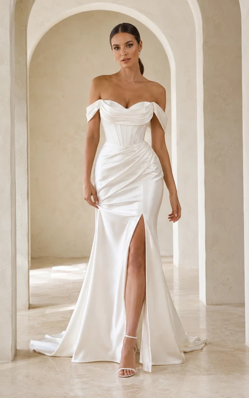 Minimalist Satin Wedding Dress Sheath Off Shoulder Sweep Train with Slit Bridal Gown
