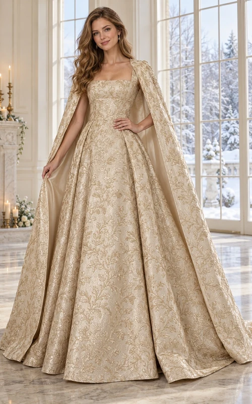 Square Neck Gold Winter Sleeveless Patterned Brocade Cape Full A-line Wedding Dress