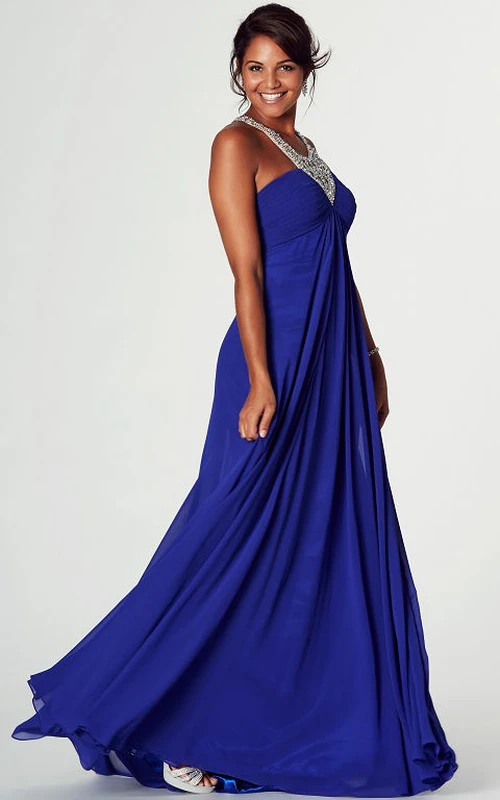 Bodenlanges, perlenbesetztes, ärmelloses Chiffon-Abendkleid im Empire-Stil mit V-Ausschnitt und Empire-Schnitt