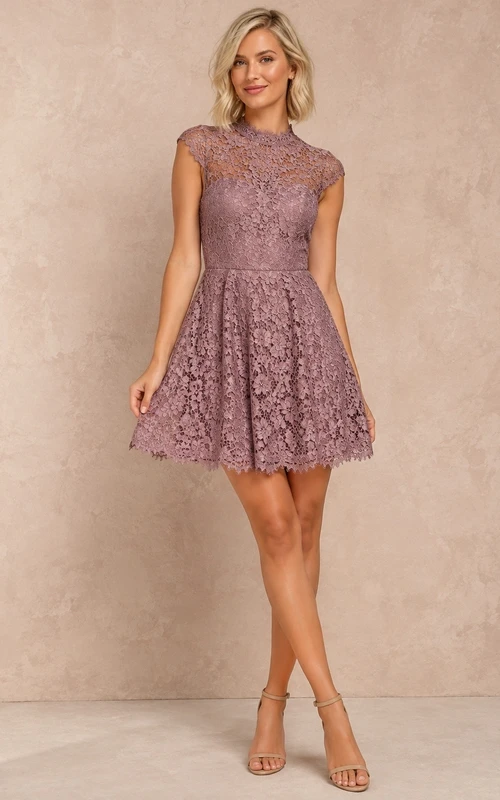 Vestido corto formal de corte A, sin mangas, de encaje, estilo vintage, color malva, romántico y moderno.