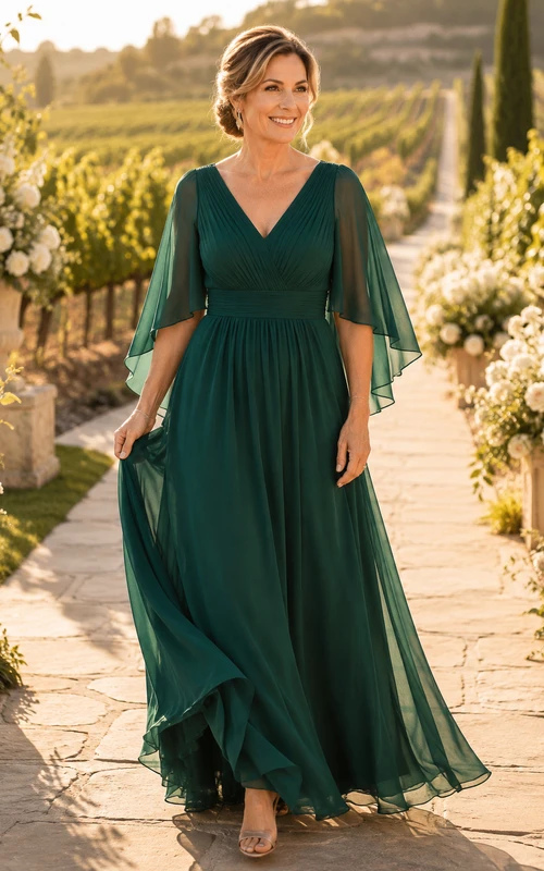 Vestido largo de gasa verde oscuro de corte A, manga corta, escote en V y falda plisada, ideal para la madre de la novia.