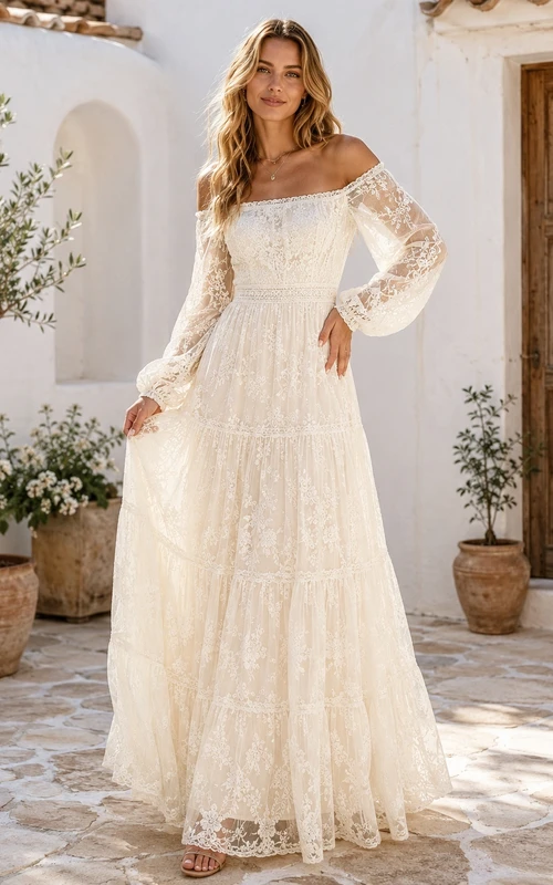 Robe de soirée bohème à épaules dénudées, manches cloche, dentelle florale, coupe trapèze, longueur au sol