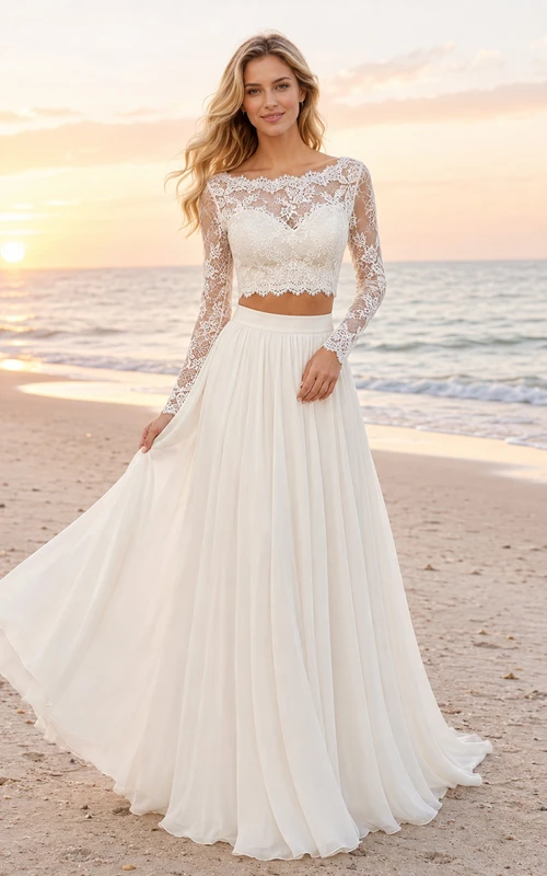 Long Sleeve Lace Crop Top Chiffon Beach Elopement Bridal Set