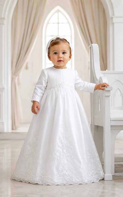 Long Sleeve Baby Christening A-Line Satin Lace Floor-Length Gown