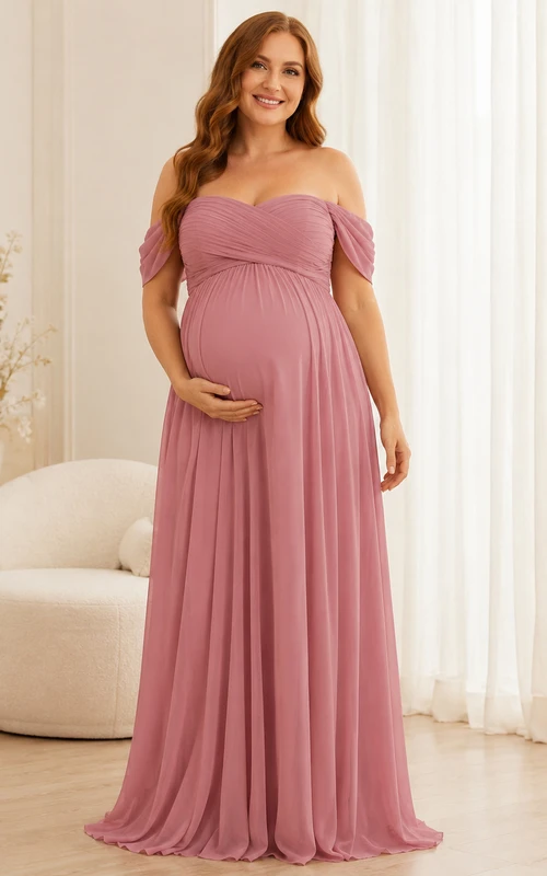 Rosewater Umstandskleid, bodenlang, schulterfrei, kurzärmelig, Chiffon, romantisch, in Altrosa, Empire-Stil
