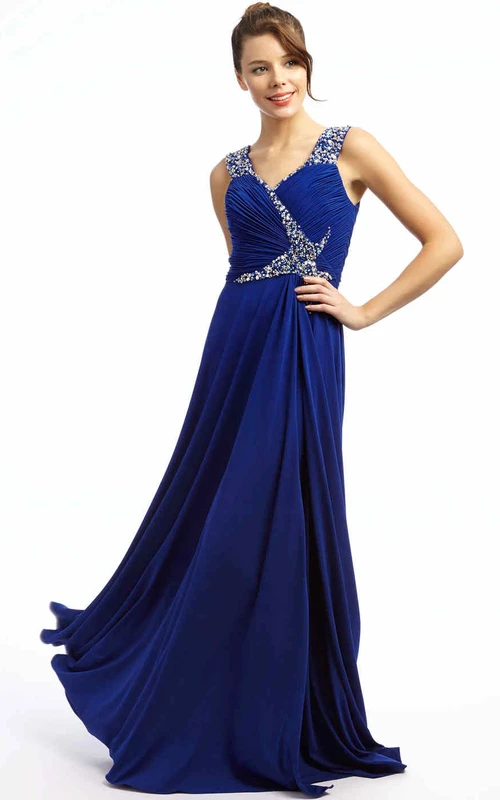 A-Line Long Beaded Sleeveless V-Neck Chiffon Prom Dress With Ruching