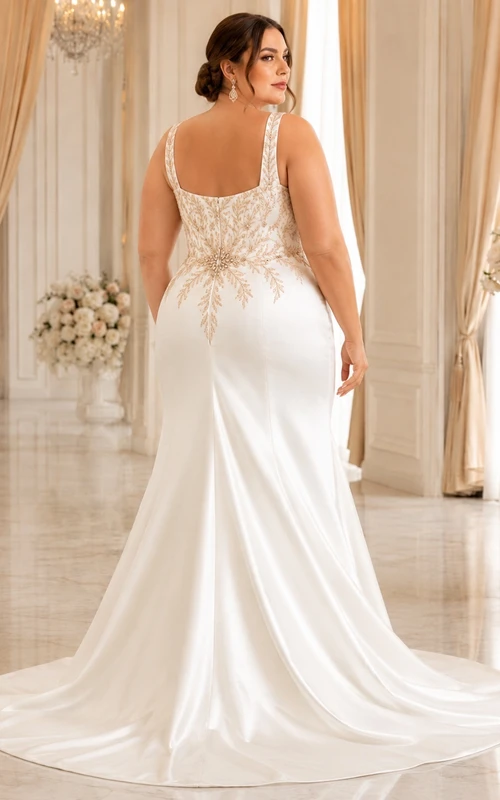 Elegantes, bodenlanges Brautkleid in Roségold in Übergröße mit Spitze und Schleppe
