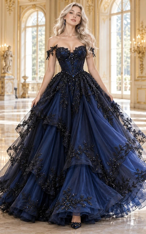 Robe de bal gothique bleu marine foncé à épaules dénudées en tulle fleuri à épaules dénudées