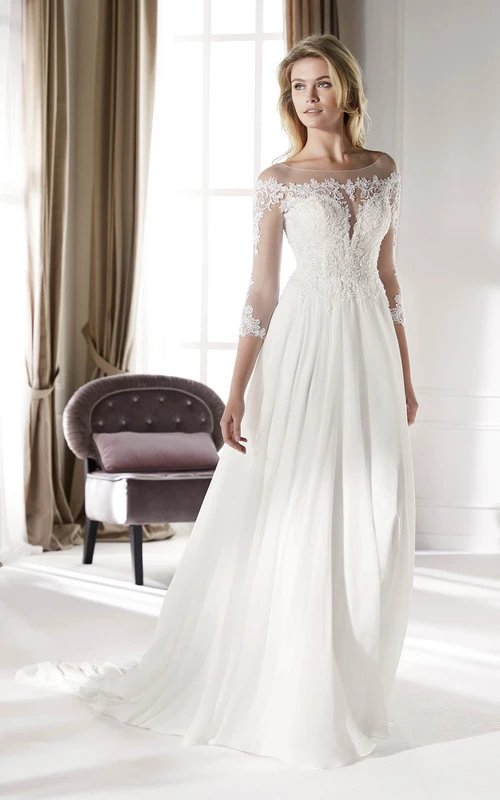 3/4 Sleeves Ethereal Illusion Lace Chiffon Court Train Bridal Elegance Gown
