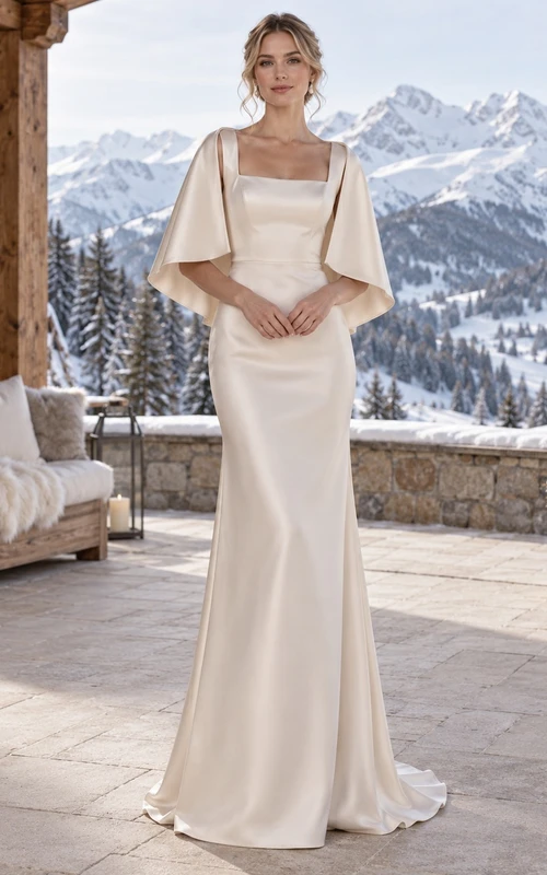 Simple Square Neck Satin Sheath Short Wedding Cape Dress