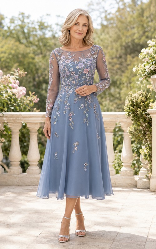 Steel Blue Romantic Tea-Length A-Line Mother of the Bride Tulle