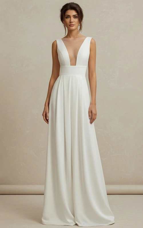 Mono de boda largo hasta el suelo con escote en V y mangas transparentes