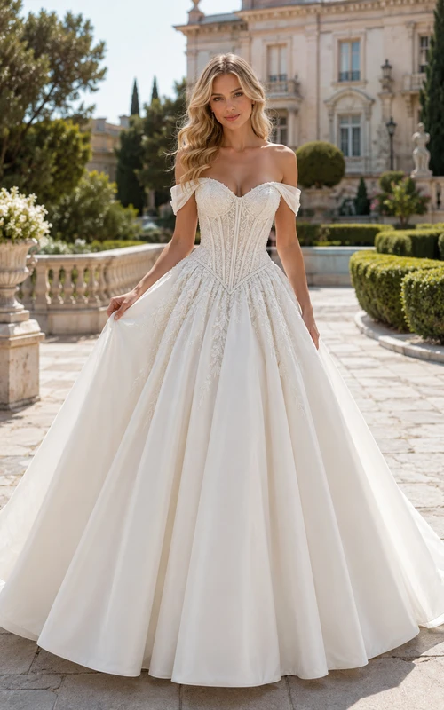 Robe de mariée de bal en satin à épaules dénudées avec corset en dentelle