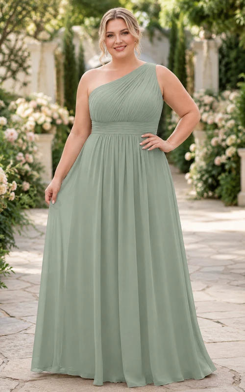 Sage green plus size one shoulder chiffon floor length bridesmaid dress