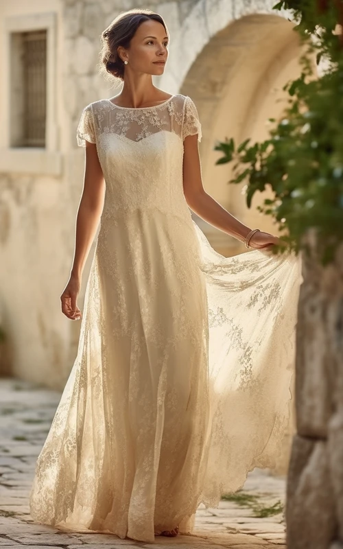 Vintage-Hochzeitskleid aus Spitze mit kurzen Ärmeln, fließendem Schnitt und lässigem Design