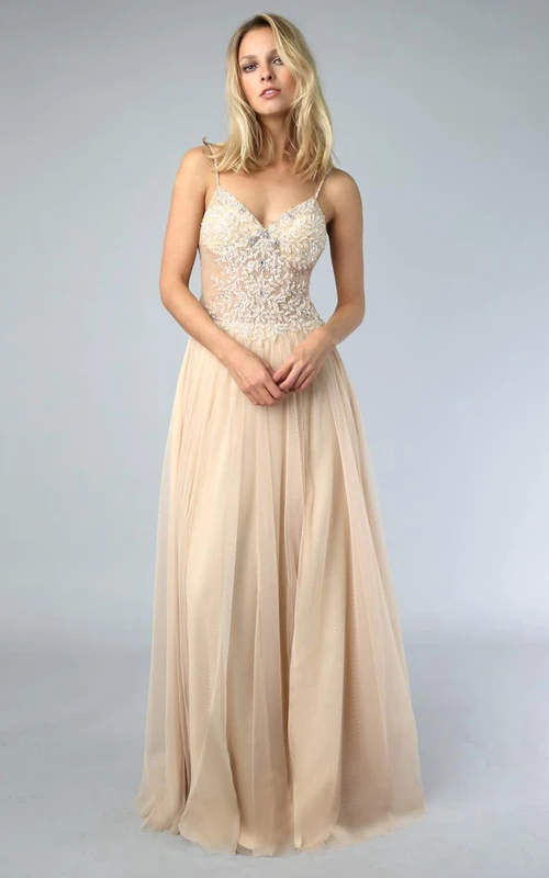 A-Linien-Kleid aus Tüll, bodenlang, mit Spaghettiträgern, ärmellos, mit tiefem V-Ausschnitt am Rücken