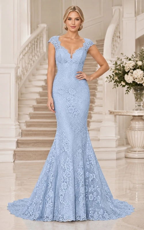 Luxury Light Blue Lace Mermaid Floor-Length V-Neck Cap Sleeve Formal Dress