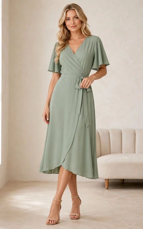 Tea-Length Sage Green Romantic Ruched Jersey Wrap Guest Dress