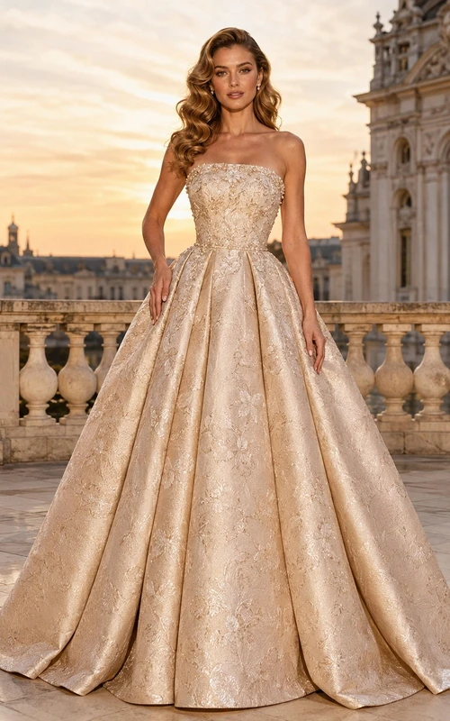 Champagne V Neck Sleeveless Satin Organza Ball Gown Dress