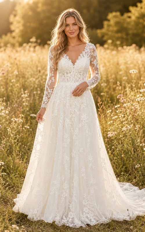 Robe de mariée bohème en dentelle à manches longues, coupe trapèze, style prairie