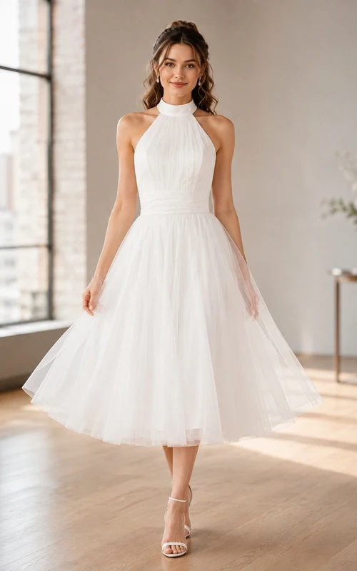 White Halter High Neck Tulle Tea-Length A-Line Dress