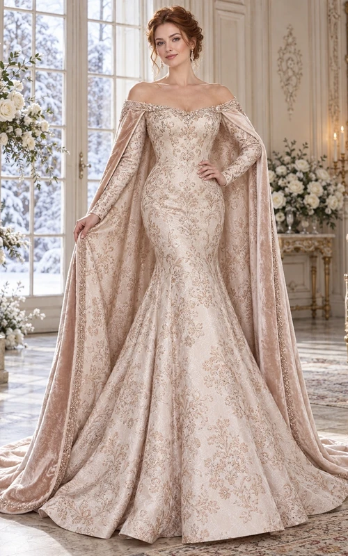 Vestido de novia vintage de sirena con manga larga, hombros descubiertos, satén floral y capa.