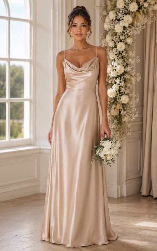 Champagne Cowl Neck Satin A-Line Bridesmaid Dress