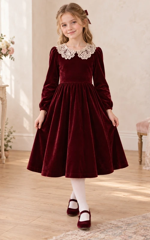 Vintage Long Sleeve Tea-length Burgundy Lace Collar Velvet Flower Girl Dress