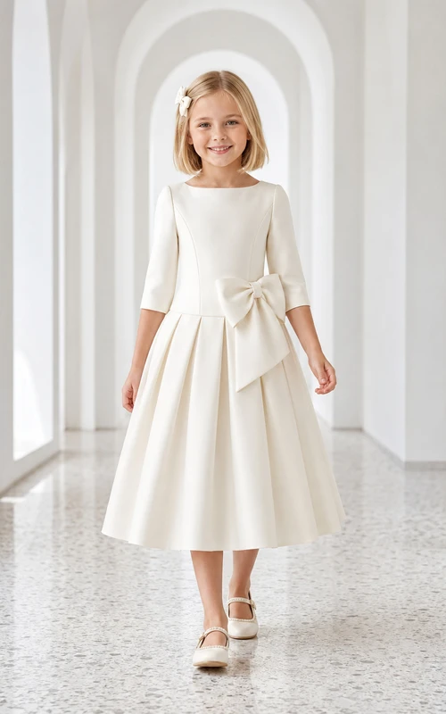 Robe de communion moderne à manches trois-quarts et nœud papillon, style bateau