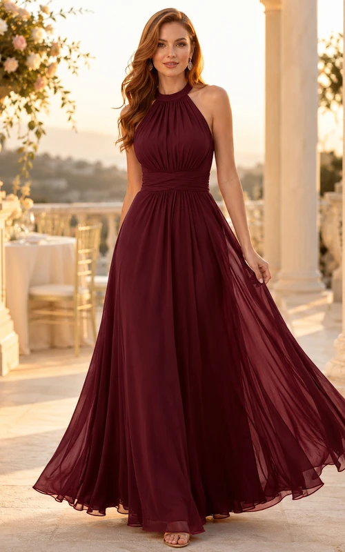 Burgundy Black Tie Wedding Guest Bridesmaid Evening Formal Dress A-Line Floor-Length Halter High Neck Sleeveless Chiffon Pleated Backless Strappy Back