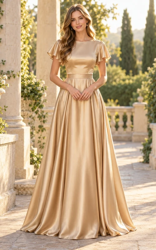 Robe de bal en satin ajustée, col bijou doré, manches papillon, style sobre.