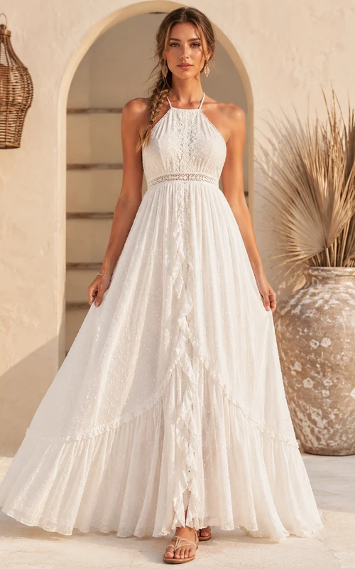 Robe de mariée bohème dos nu en mousseline et dentelle, col montant et décolleté licou, idéale pour la plage