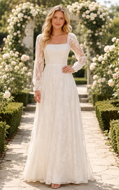 Vestido de novia de manga larga, escote cuadrado, corte en A, largo hasta el suelo, para compromiso o boda.