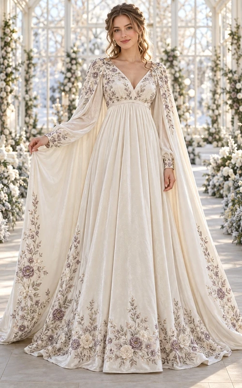 Vestido de novia de invierno estilo imperio con manga larga, escote en V y capa de terciopelo morado con estampado floral.