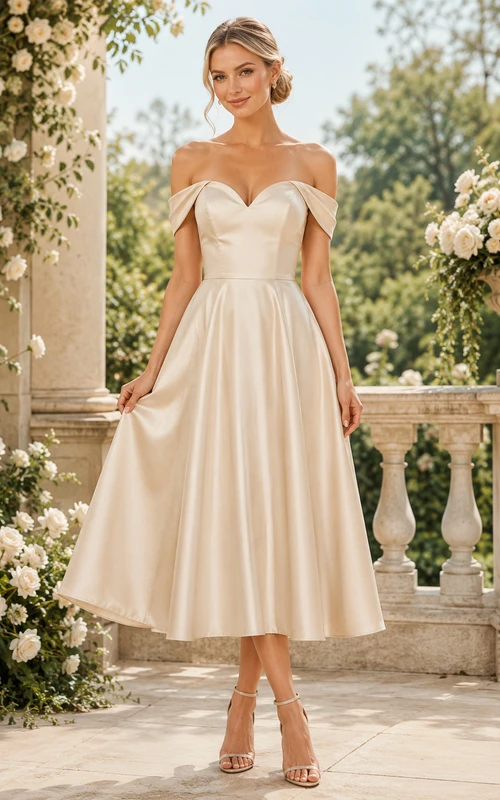Elegante vestido de novia vintage de satén con escote de hombros descubiertos y corte en A, estilo juzgado, largo hasta la rodilla.