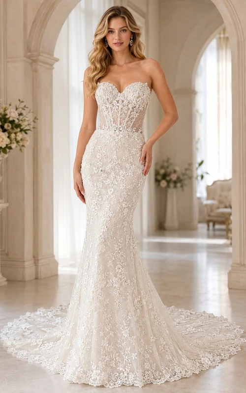 Mermaid High Neck Lace pearl Elegant Bridal Wedding Dress
