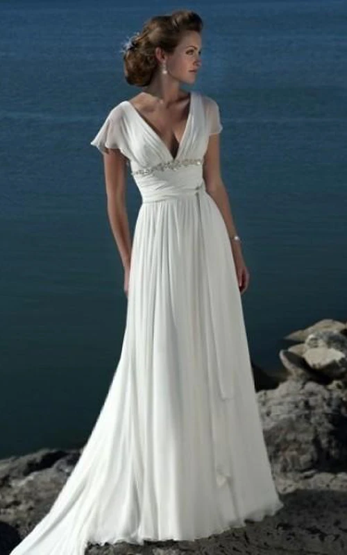 Robes de mariée vintage en mousseline, style empire, col en V et traîne courte, pour la plage.