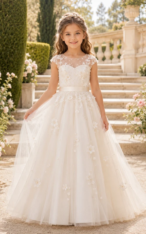 Robe de demoiselle d'honneur en tulle et dentelle à manches courtes