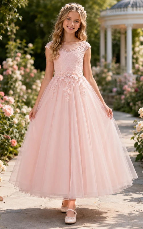 Robe de demoiselle d'honneur rose poudré, coupe trapèze, en tulle et dentelle, col bijou, manches courtes, longueur au sol