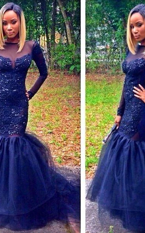 Vestidos de fiesta de manga larga azul marino brillantes con apliques de sirena