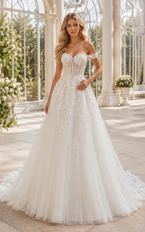 Robe de mariée Gallery Bridal en dentelle et tulle classique, bustier cœur, sans manches, coupe trapèze, traîne chapelle, applications florales