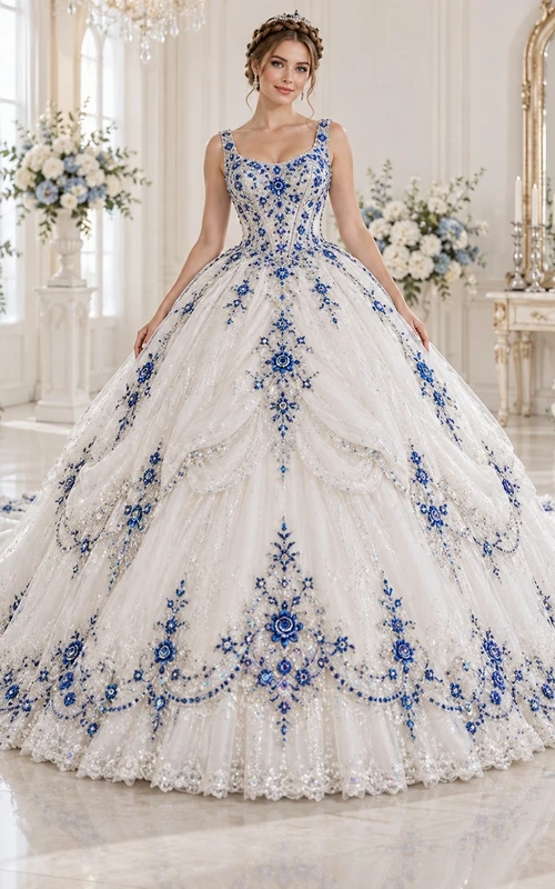 Vestido de novia de gala azul marino con estampado floral, escote redondo, recogidos de tul con cuentas y cola de capilla.